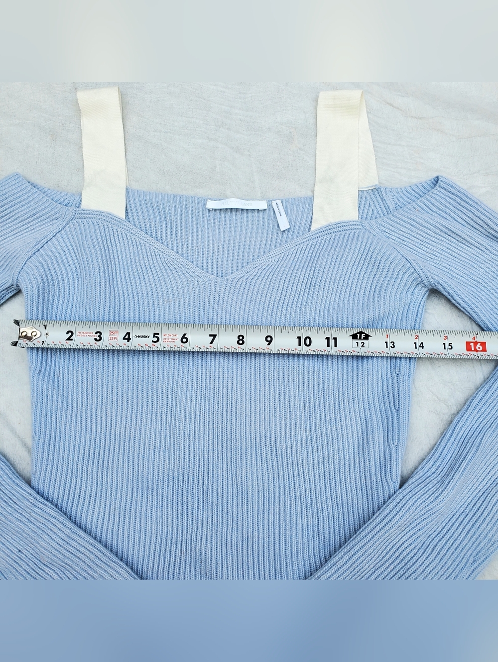 Helmut Lang Pale Blue Ribbed Cold-Shoulder Sweater with Cream Straps - Picture 5 of 7